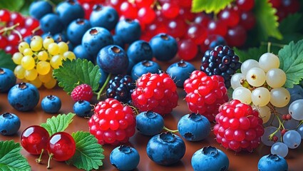 Colorful assortment of fresh berries including blueberries, raspberries, gooseberries, and currants arranged on a wooden table background.