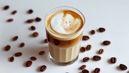 Iced latte in a glass surrounded by coffee beans on a white background ideal for showcasing beverages or coffee-related promotions.
