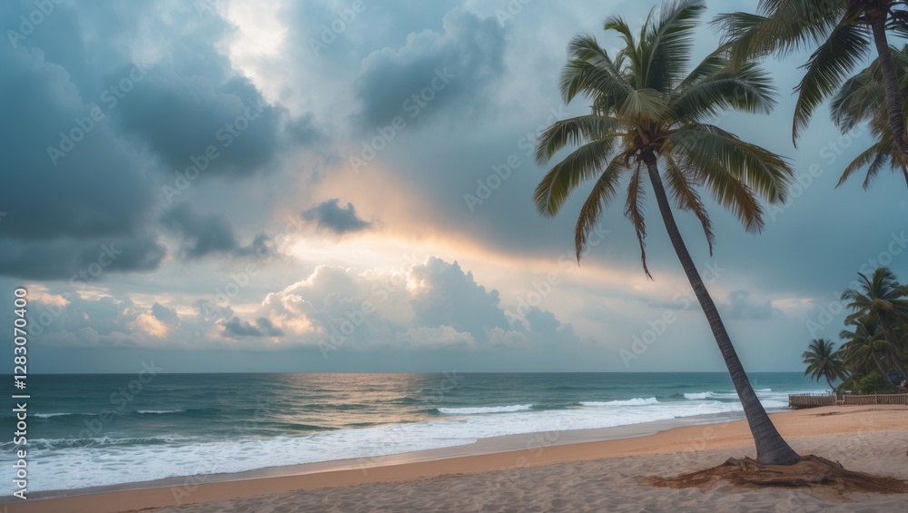 Poster tranquil beach scene with silhouetted palm trees against cloudy skies and a glimpse of sunlight over