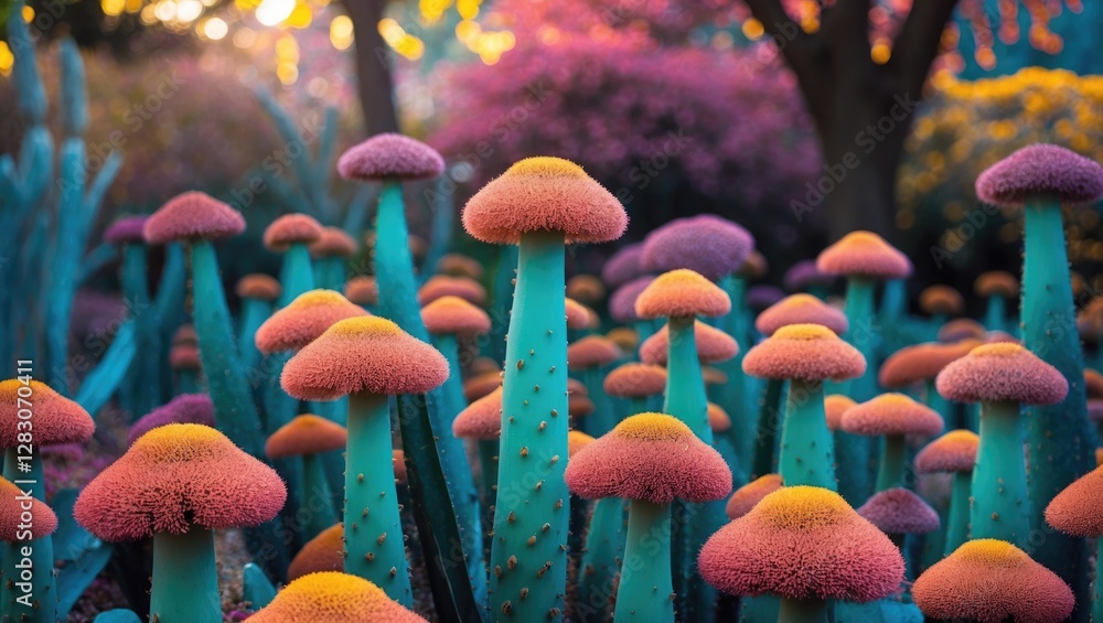 Poster vibrant closeup of colorful mushroom-like plants in a lush public garden with soft sunlight filterin