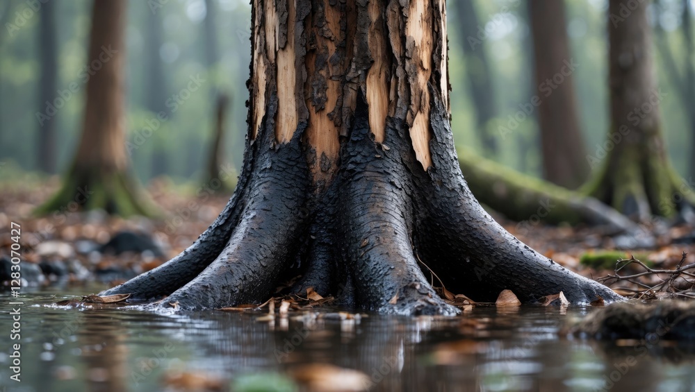 Aufkleber Wet tree trunk with exposed surface details reflecting in shallow water in a serene forest environment with soft natural lighting