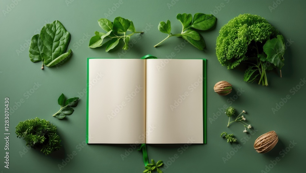 Poster green theme flat lay with open notebook surrounded by fresh greens and natural elements on a solid c