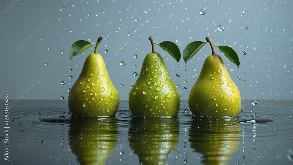 Poster fresh green pears with water drops creating a serene still life against a low key background enhanci