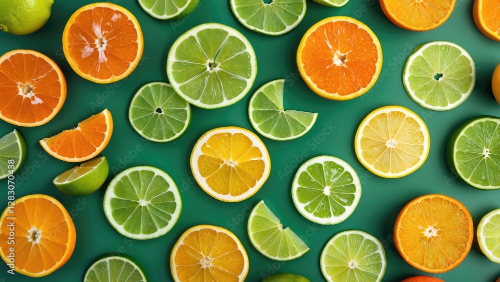 Poster Colorful citrus fruit slices arranged on a green background creating a vibrant and fresh pattern for summer or healthy lifestyle themes.