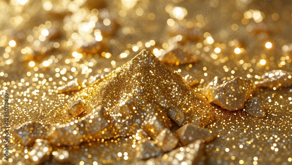 Poster golden glittering texture with sparkling particles and shimmering crystals creating an abstract fest
