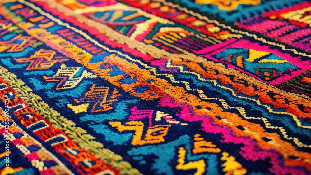 Poster colorful close-up of a traditional african peruvian style rug featuring vibrant patterns and texture