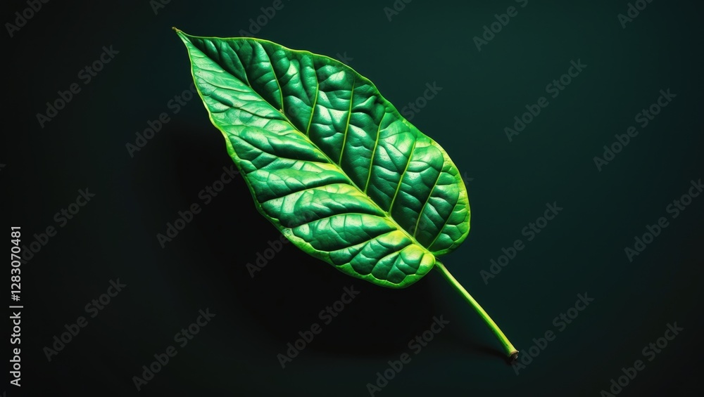Poster lush green leaf with detailed texture isolated on a dark background for nature and botanical themes