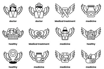 Set of illustrations in the concept of medical equipment with wings in line art style