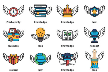 Set of illustrations in the concept of winged business items in line drawing style