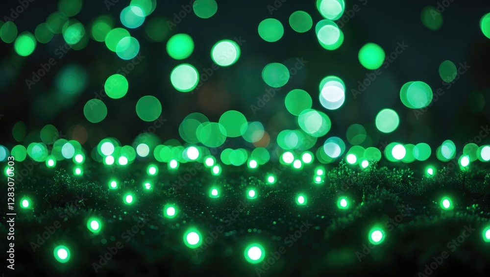 Poster green bokeh lights glowing softly at night creating a serene and enchanting atmosphere in a blurred 