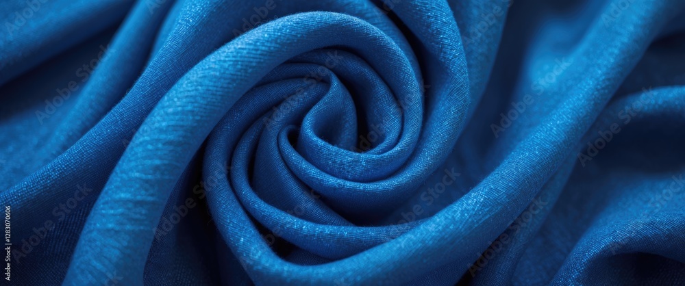 Poster close up of vibrant blue fabric texture showcasing softness and intricate details in elegant swirlin