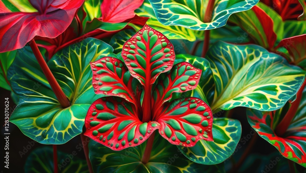 Aufkleber Vibrant Caladium Leaves Displaying Intricate Red and Green Patterns in a Lush Tropical Setting
