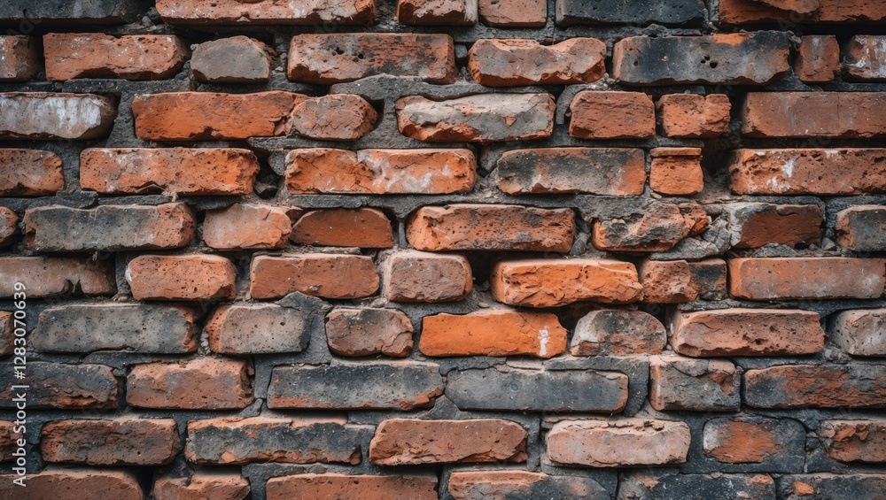 Aufkleber Textured close-up of a weathered brick wall showcasing uneven layers and rich colors for use in backgrounds and design elements.