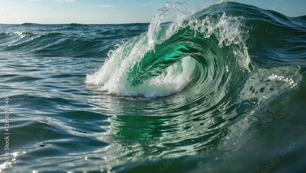 Poster captivating emerald ocean wave curling majestically under sunlight with sparkling reflections creati