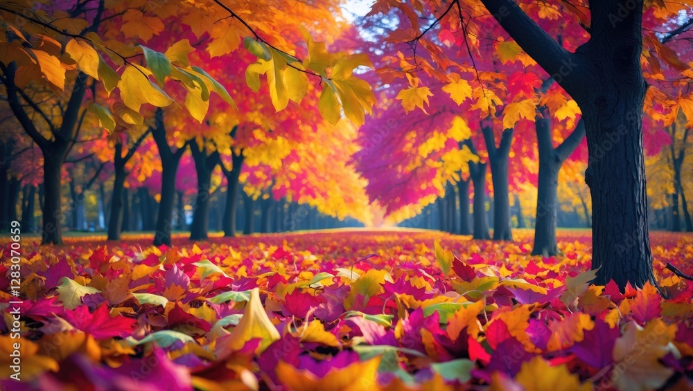 Poster vibrant autumn foliage along a picturesque tree-lined path in the mazovia region showcasing a stunni