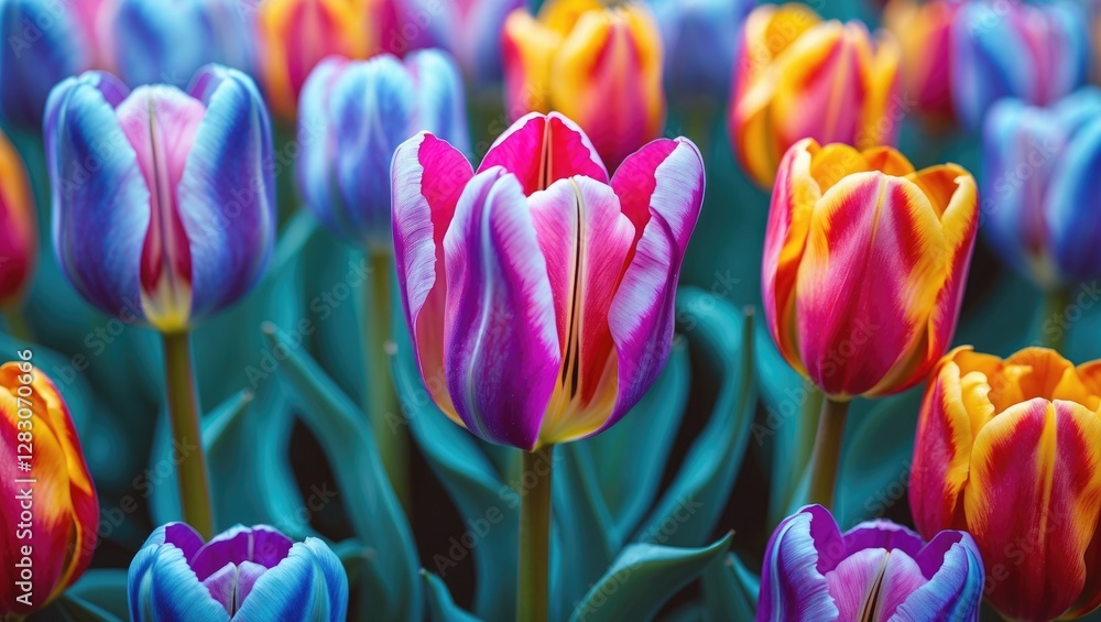 Poster Vibrant tulip field showcasing colorful flowers in full bloom with blurred background and ample copy space for creative projects.