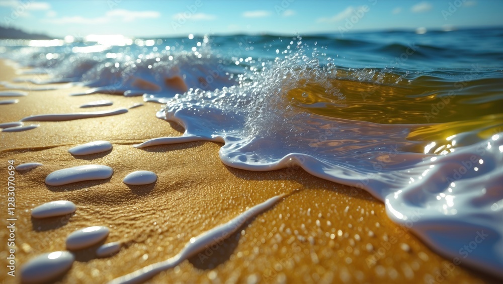 Poster close up of waves gently crashing onto a golden sandy beach with sparkling water under a sunny sky c