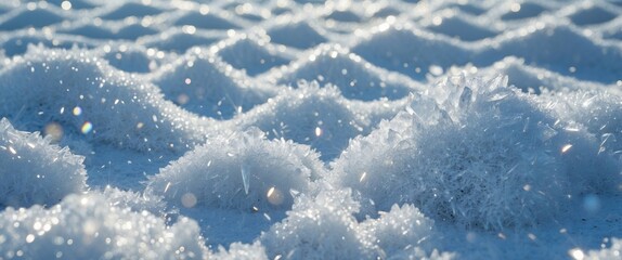 Fluffy sparkling snow texture with crystal formations and snowflakes on a cold winter day creating an abstract white landscape scene.