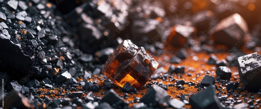 Poster brown coal mineral cube surrounded by black stone fragments with warm lighting creating a dramatic g