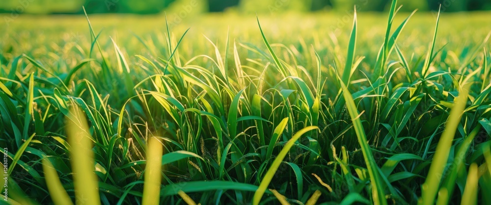 Poster lush green grass in a vibrant field with sunlight filtering through, creating a refreshing and seren