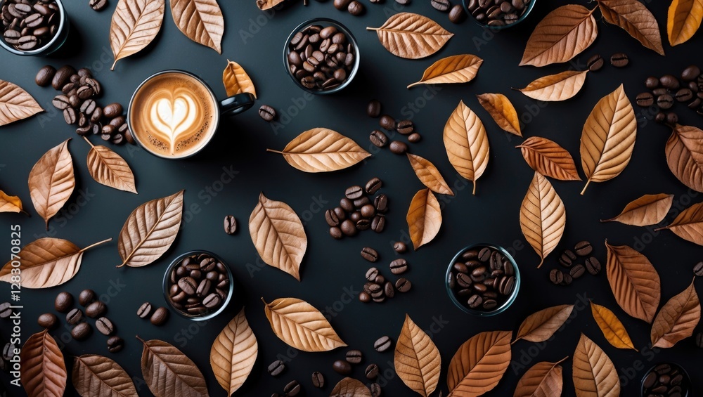 Poster Coffee latte art with leaf patterns surrounded by autumn leaves and coffee beans on a dark table backdrop creating a cozy atmosphere.