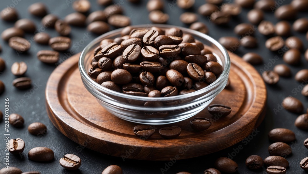 Poster coffee beans arranged in a clear bowl on a wooden coaster with a dark backdrop showcasing scattered 