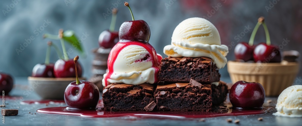 Poster decadent chocolate brownie topped with cherry and vanilla ice cream surrounded by fresh cherries and