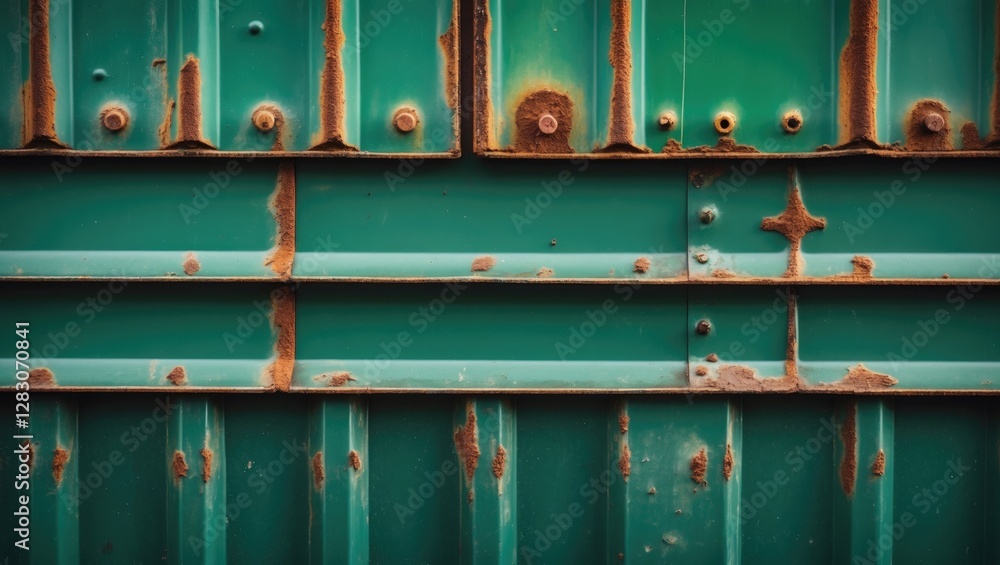 Poster textured close-up of a weathered green metal wall with rust patterns, showcasing industrial decay an