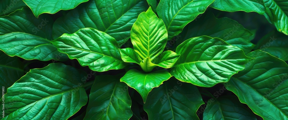 Poster Vibrant close-up of lush green leaf textures creating an abstract backdrop for nature and botanical designs. Perfect for eco-themed projects.