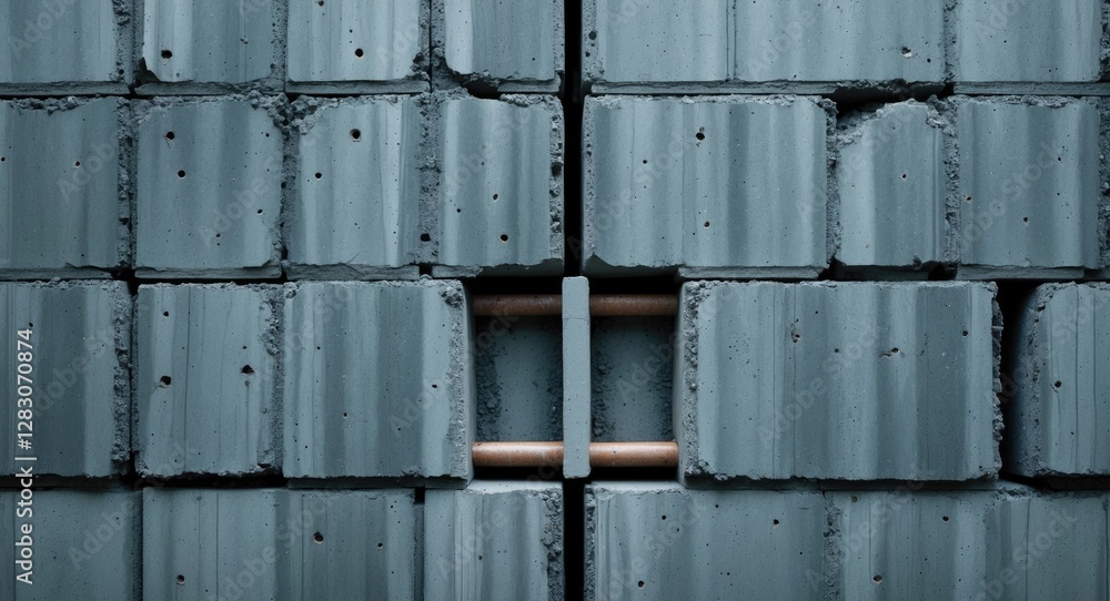 Poster concrete wall texture showcasing block joints and exposed reinforcement bars for architectural and c