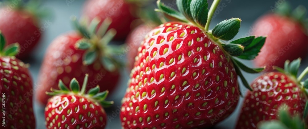 Poster vibrant close-up of fresh strawberries showcasing their textured skin and vivid color with a soft fo