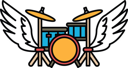 cartoon drawing of a drum set with wings on either side
