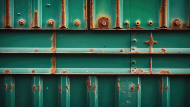 Textured close-up of a weathered green metal wall with rust patterns, showcasing industrial decay and unique surface details.