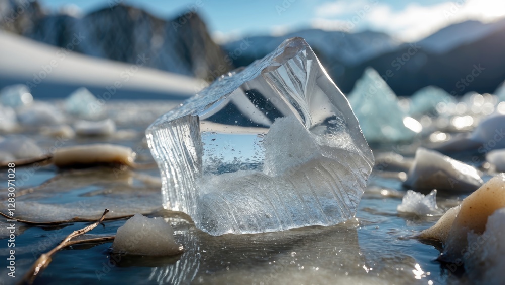 Aufkleber Close up of a clear ice block on a frozen surface highlighting texture and clarity with a mountain backdrop and shimmering reflections