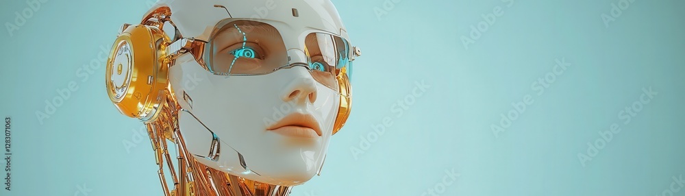 Poster robot and technology concept, robot head with futuristic design