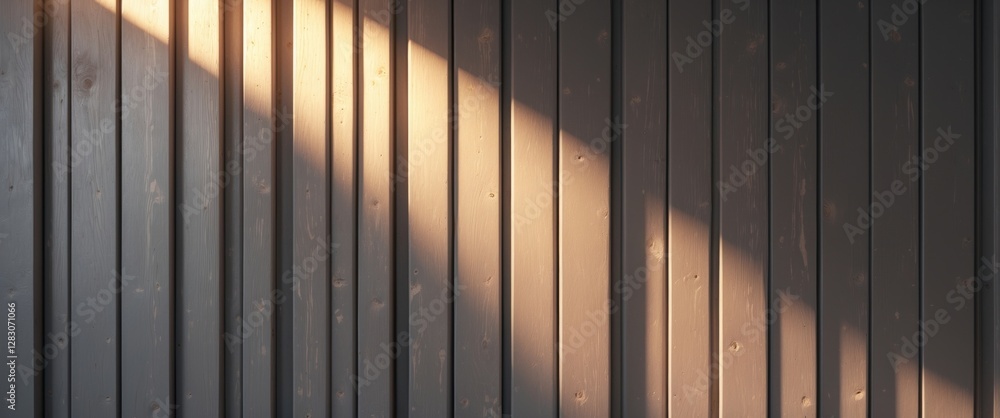 Poster gray wooden wall with vertical lines illuminated by autumn sunlight creating a captivating texture w