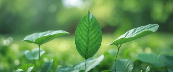 Close up of fresh green leaves with blurred greenery in garden background showcasing nature's beauty and ecological vibrancy in springtime.
