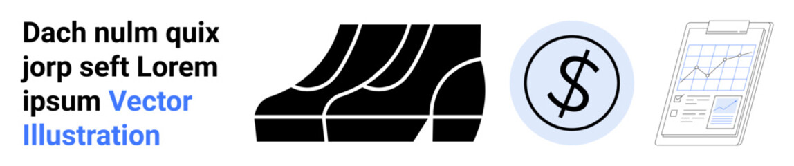 Black footprints, a dollar sign within a circle, and a clipboard with a growth chart. Ideal for finance, planning, strategy, business growth, personal development, investments flat landing page