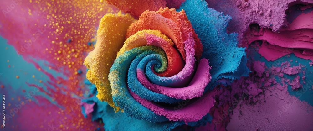 Poster Vibrant spiral shape created with colorful powder texture showcasing artistic expression and creativity through vivid hues and movement.