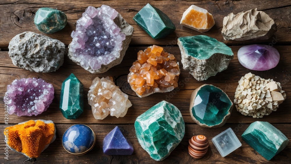 Poster diverse collection of colorful minerals and stones displayed on rustic wooden table showcasing natur
