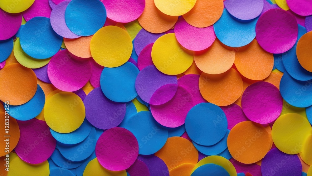 Poster Vibrant colorful confetti circles creating a cheerful and festive textured background suitable for celebrations and events.
