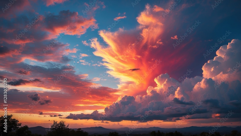 Poster vibrant sunset skies with dramatic clouds creating a captivating blend of colors and textures agains