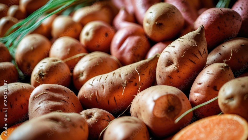 Poster Close up of assorted fresh sweet potatoes displayed in a rustic setting showcasing their natural textures and colors in Olhao Portugal.