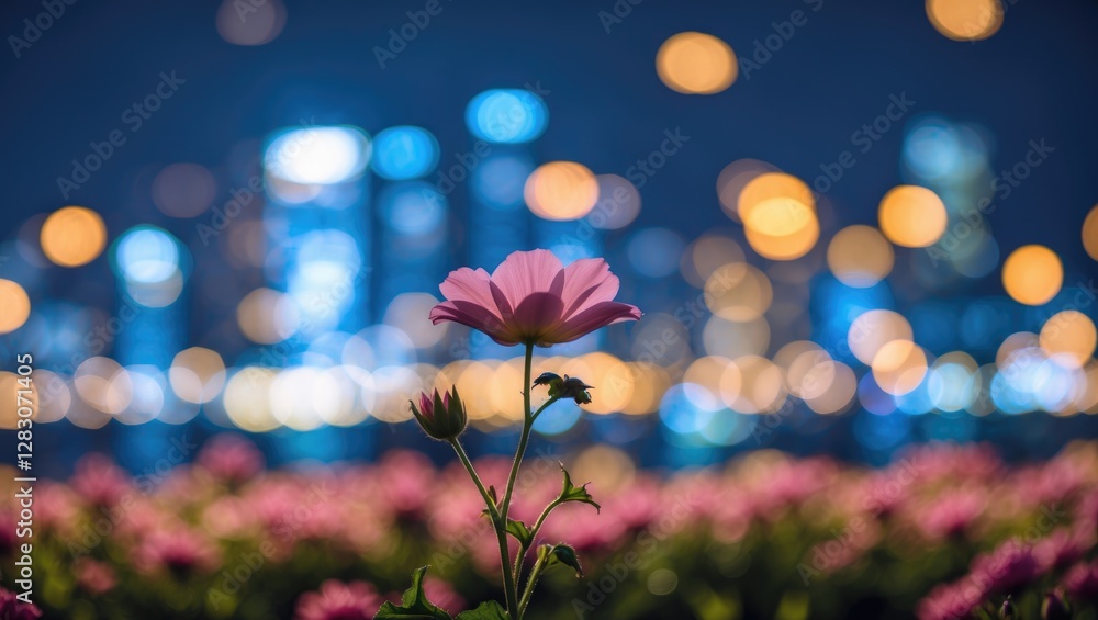 Poster bokeh lights cityscape with vibrant flower in foreground creating a dreamy night atmosphere with col