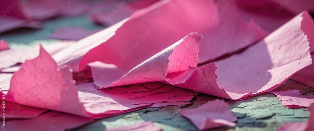 Aufkleber Close-up of crumpled and torn pink Korean paper on textured surface with soft lighting creating a delicate and artistic visual effect