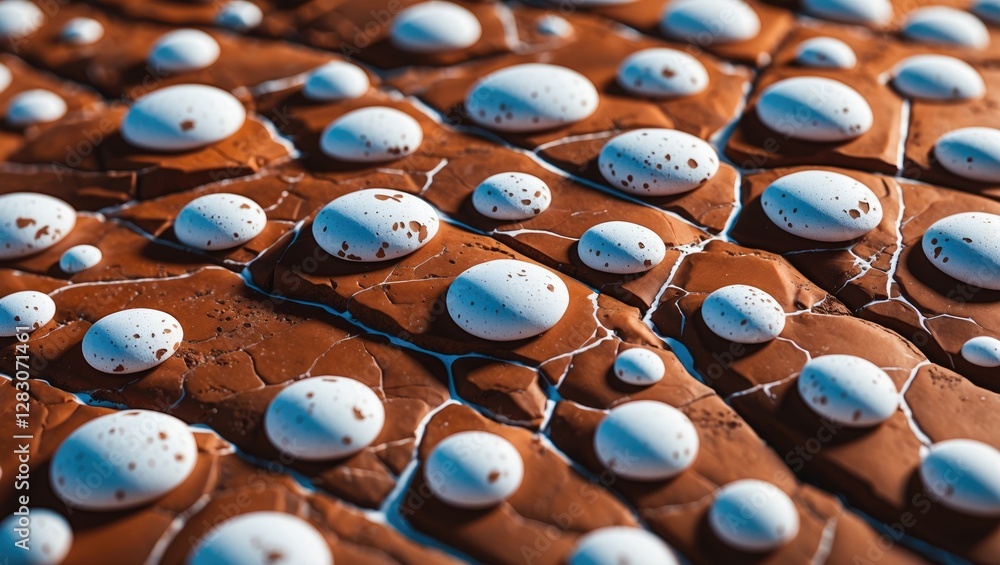 Aufkleber Close up of textured brown stone surface adorned with glossy white droplets creating an intricate natural pattern.