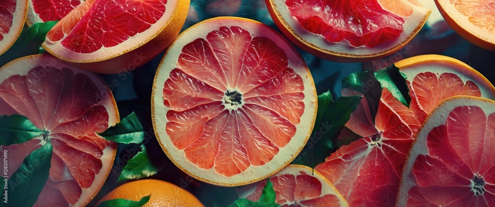 Poster vibrant arrangement of sliced grapefruits showcasing fresh fruit textures and colors on a natural ba