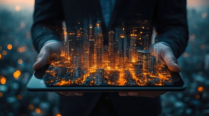 Businessman holding a tablet with a city skyline overlay, representing the intersection of digital technology and urban development, showcasing the integration of smart cities