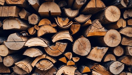 Wooden logs stacked in a closeup view showcasing textures and patterns of firewood for outdoor decor and rustic backgrounds.