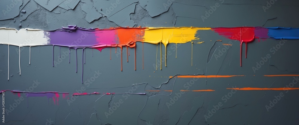 Poster textured gray wall with vibrant paint drips and stripes in various colors creating an artistic backg